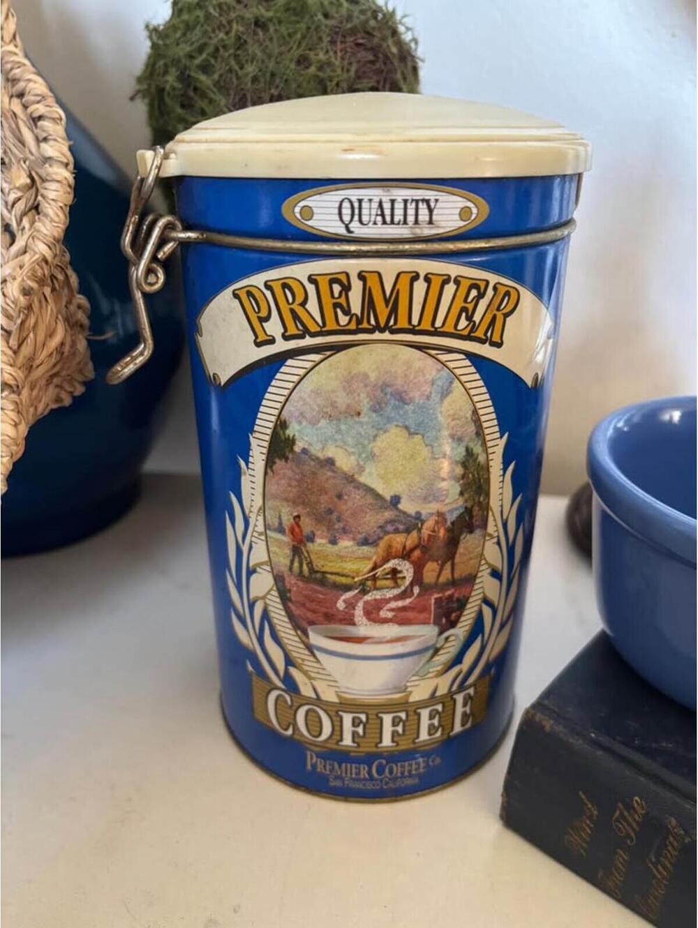 Vintage Premier Coffee Tin Blue Canister